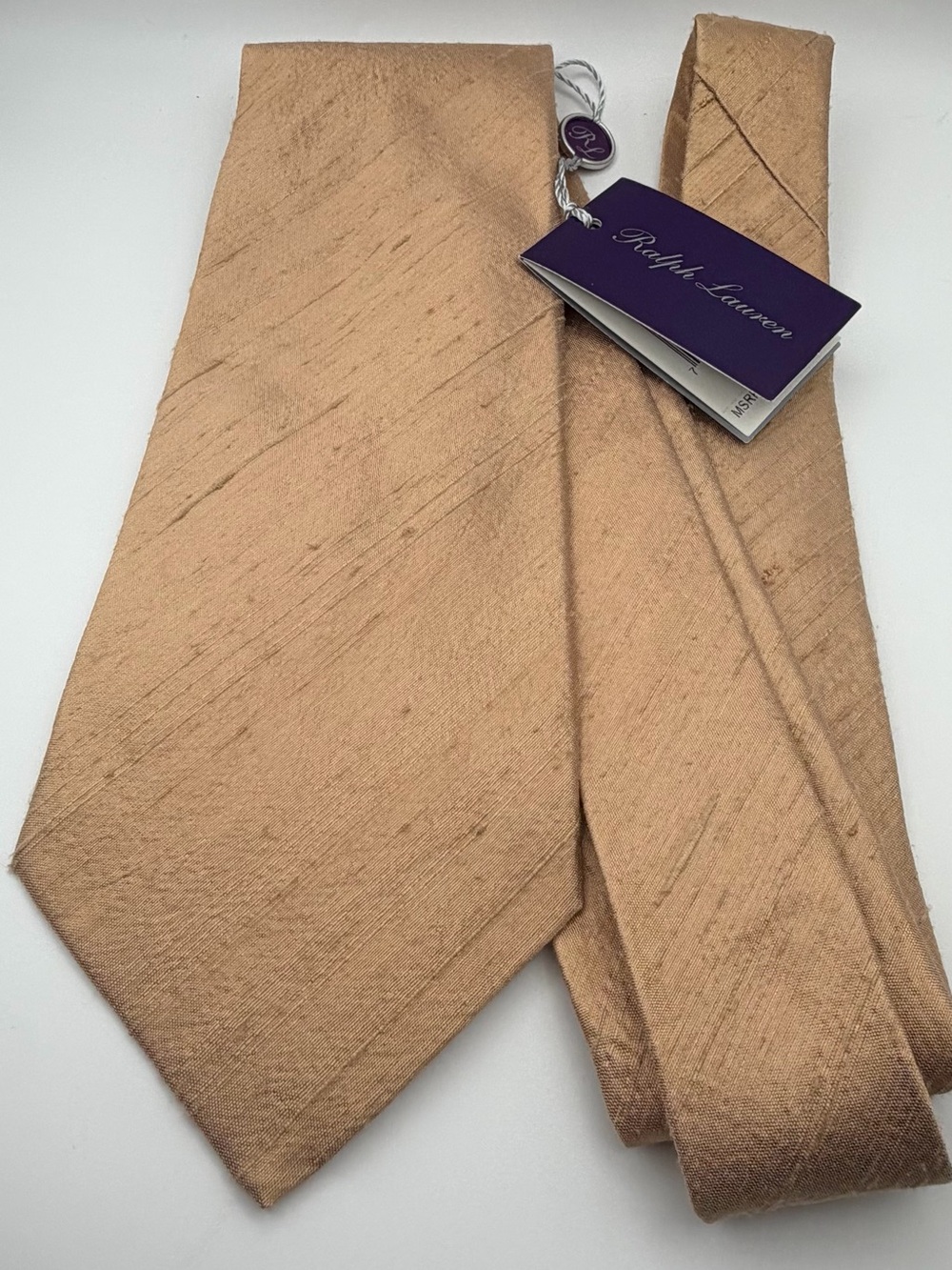 Ralph Lauren Purple Label 100% Silk Tan Textured Raw Silk Tie NWT 3.5” MSRP $125